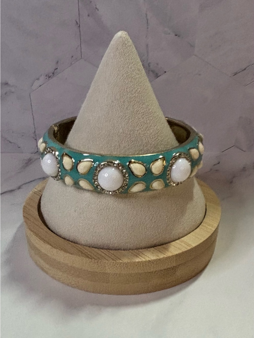 Turquoise and Cream Hinged Enamel & Cabochon Bangle Bracelet